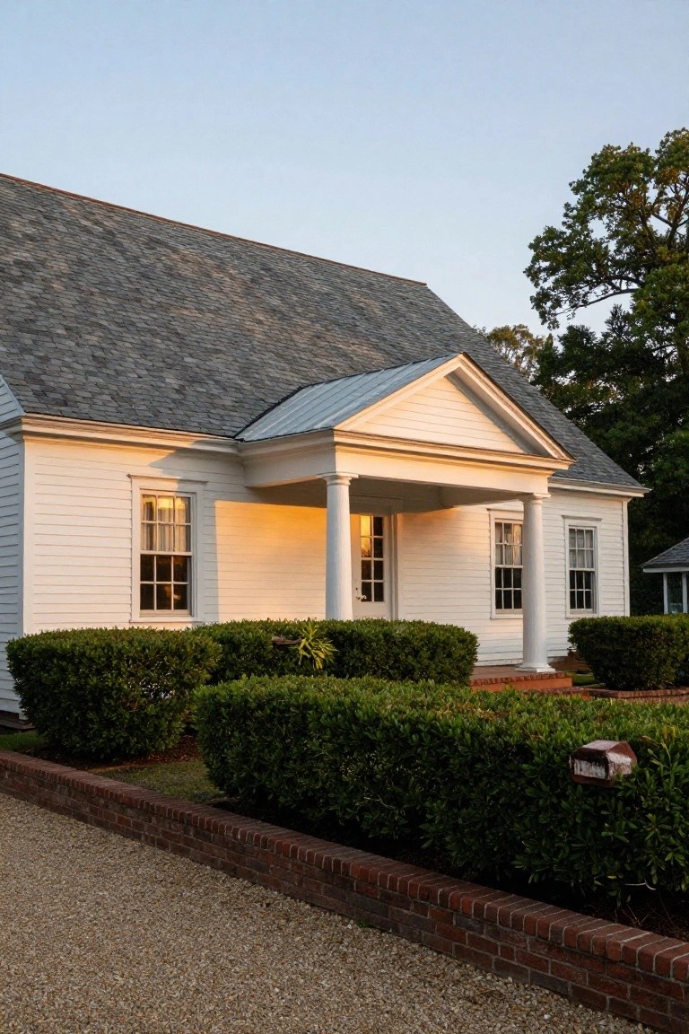 White clapboard colonial house with gray slate gable roof, metal pediment over columned porch, boxwood hedges along brick border of gravel driveway, and large trees nearby at dusk