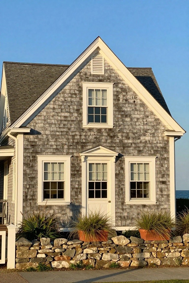 Gray shingled house with steep gable roof, white-trimmed double-hung windows, central white door with pediment, flanked by stone retaining wall with potted grasses, blue sky and ocean in background.