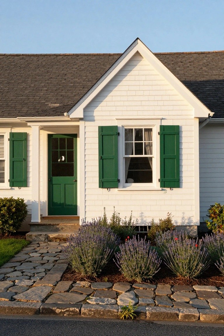White clapboard house with gable roof, green shutters on side windows, green paneled front door, lavender plants in front, and flagstone pathway leading to steps.