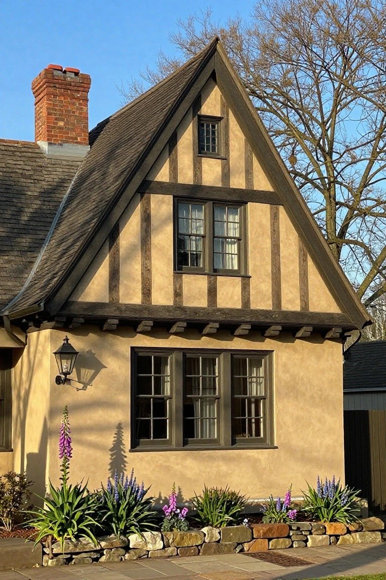 Beige stucco house with dark half-timber framing on the gable end roof, brick chimney, multi-pane windows, wall lantern, and flower beds with foxgloves and agave plants along the stone-edged front yard.