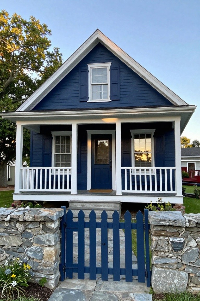 Navy blue clapboard colonial house with steep gable roof, white-trimmed front porch, double-hung windows, navy front door, and stone wall with matching blue picket gate in the front yard.
