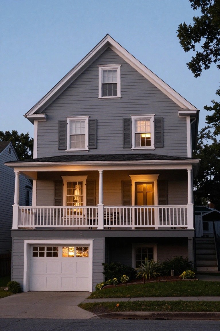 Two-story gray clapboard house with front-facing gable roof, white trim on windows and shutters, covered front porch with columns and railing, white garage door on raised foundation below porch, shrubs and plants in front yard at dusk.