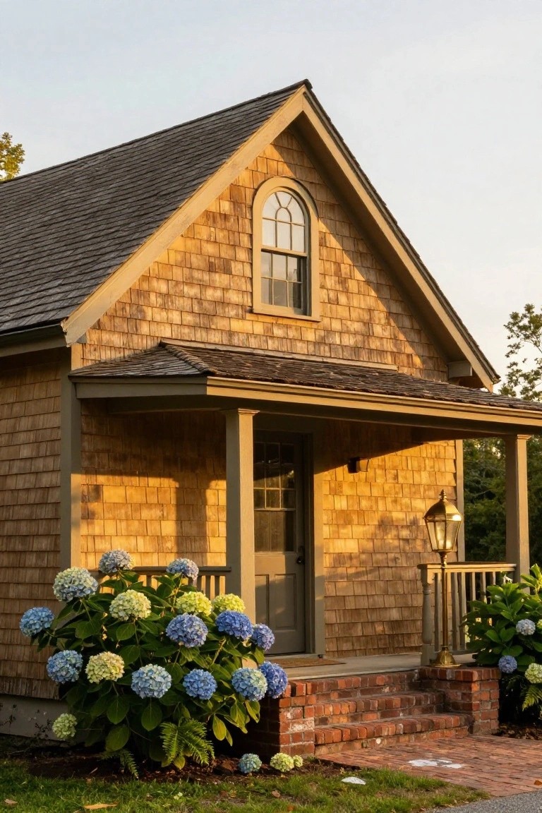 Small two-story cedar-shingled house with gable roof, covered front porch, arched attic window, gray front door, brick steps, and large hydrangea bushes on either side.