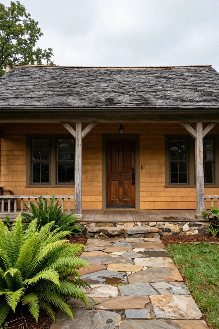 Front exterior of a shingled yellow house with dark slate gable roof, timber porch posts, wooden door, double windows, stone pathway, ferns, and mulch bed.