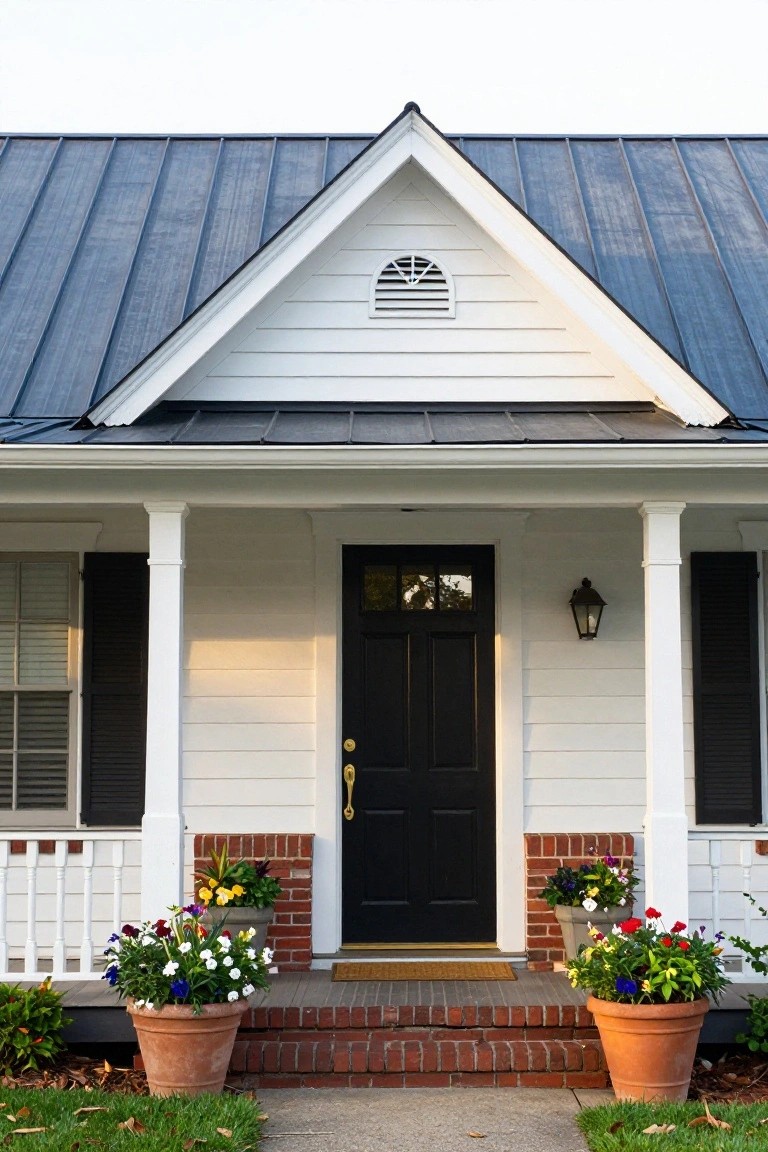 White clapboard Colonial house exterior with dark blue-gray standing seam metal gable roof, covered porch supported by columns, black front door with glass panels, flanked by shuttered windows, lantern light, and large terracotta planters with colorful flowers on brick entry steps leading to a sidewalk.