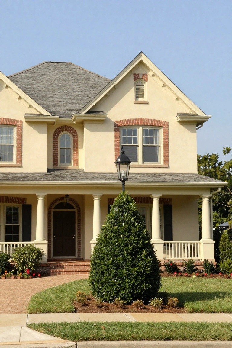Two-story beige house with gray gable roof, brick trim on windows and arches, columned front porch with dark door, tall lamp post, evergreen topiary shrubs, flower beds, and curved brick driveway.
