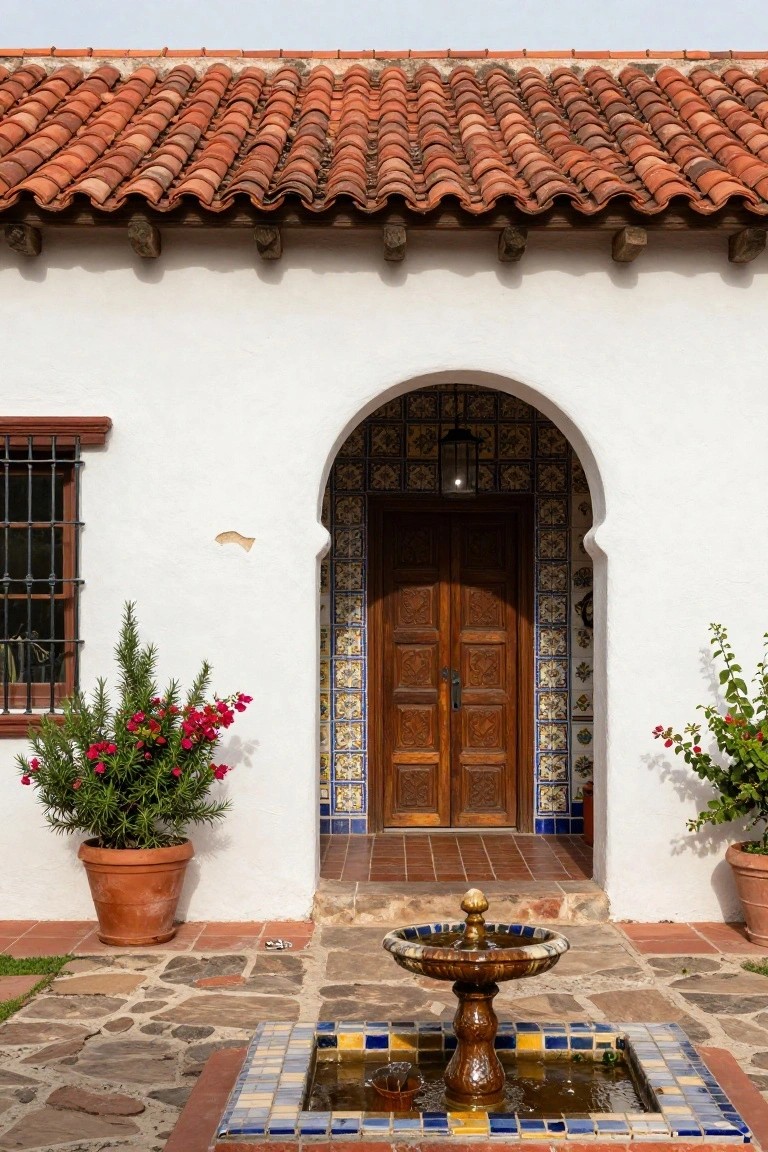 White stucco house exterior with red barrel tile roof, arched entryway framed in blue and yellow tiles, carved wooden double doors, potted plants on either side, and a small tiled fountain on a stone patio in front.