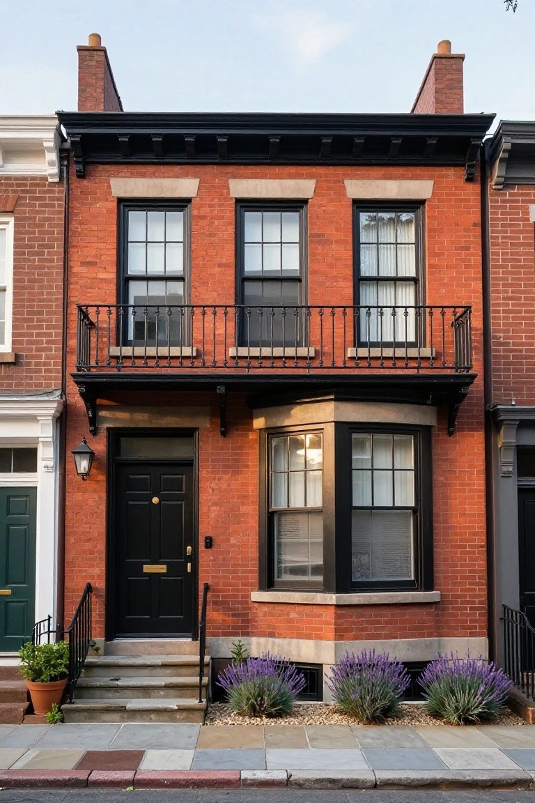 Red brick rowhouse with black window frames, black front door, black metal balcony railing above a bay window, stone steps, potted plant, lavender shrubs, and gravel mulch in front, between two similar neighboring houses on a paved sidewalk.