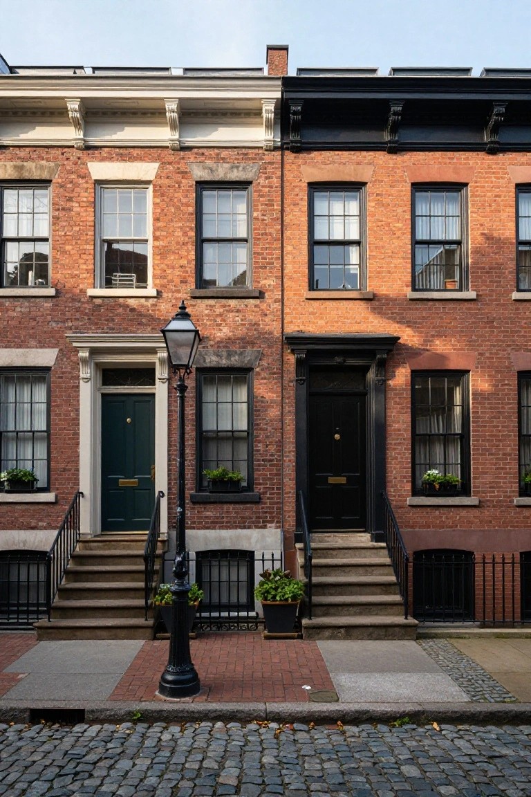 Two adjacent three-story red brick row houses on a cobblestone street, left one with green front door and light trim, right one with black front door and dark trim, cast-iron street lamp between front steps with planters.