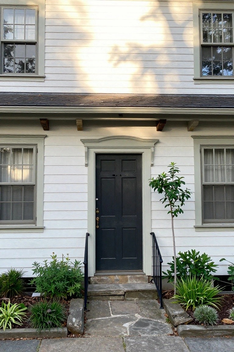 White clapboard two-story house exterior with dark green window trim, black paneled front door, brass hardware, short iron-railed stone steps, and low plants in front bed.