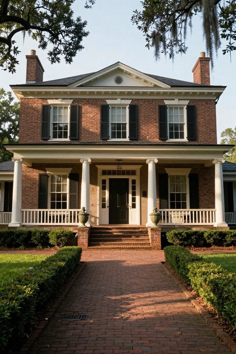 Two-story red brick house with white columns supporting a front porch, black shutters on windows, brick walkway lined with boxwood hedges, and live oak trees draped in Spanish moss.