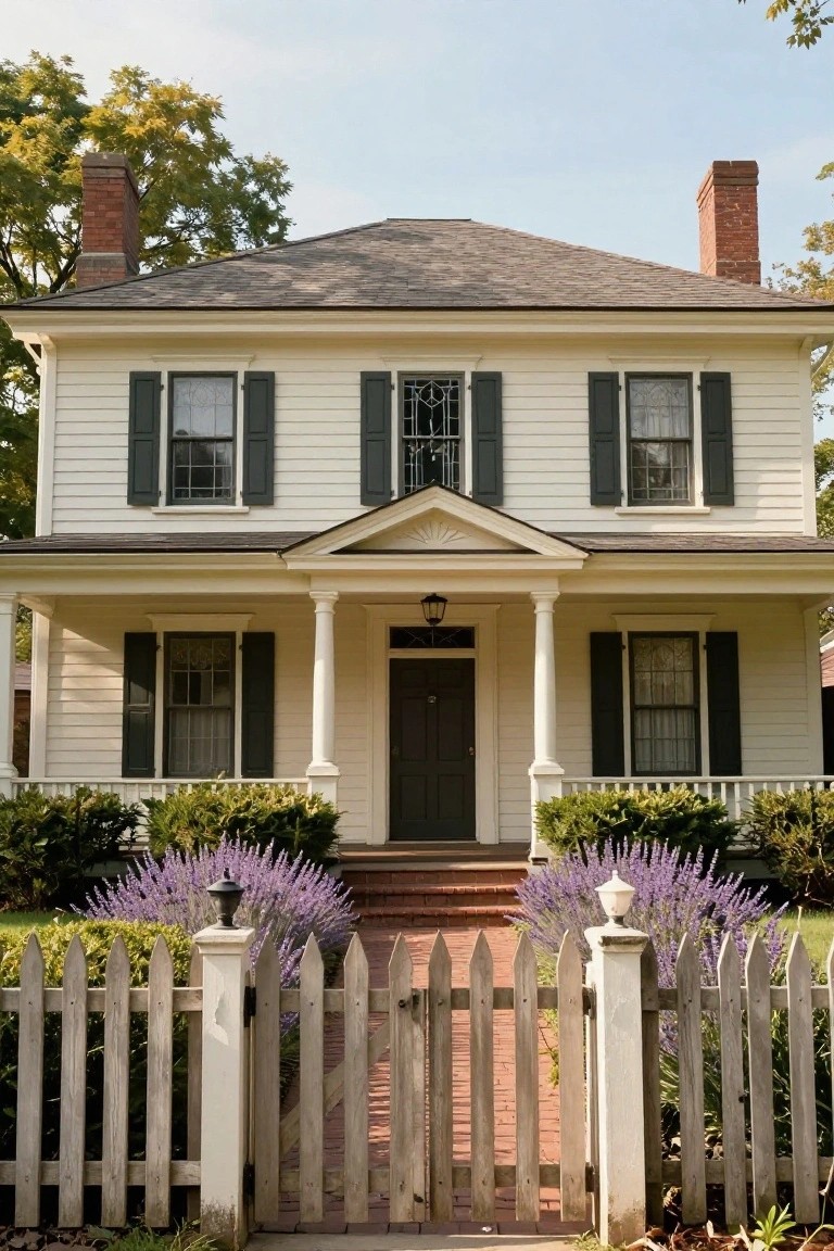 Two-story white clapboard house with black shutters, columned front porch, dark green door, brick entry steps, lavender shrubs, and white picket fence gate.