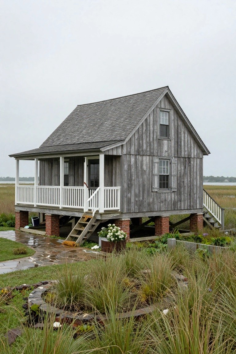Gray wooden house elevated on brick piers with white wraparound porch and railings, set amid native grasses and plants near a marshy waterway under overcast skies.