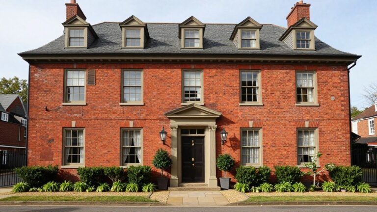 Red brick house with symmetrical multi-pane windows, slate roof with dormers, pedimented entry featuring black door and lanterns, boxwood hedges lining gravel path to front steps.