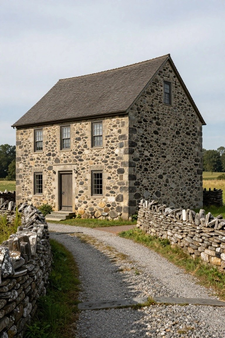 A two-story colonial house with irregular fieldstone walls, slate shingle roof, multi-pane windows, wooden front door, stone entry steps, dry-stacked stone walls, and gravel path in a rural field setting.
