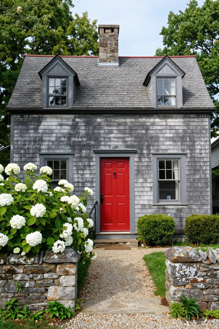 Gray shingled two-story colonial house with dormer windows, red front door, white hydrangea bushes, boxwoods, stone walls, and gravel path.