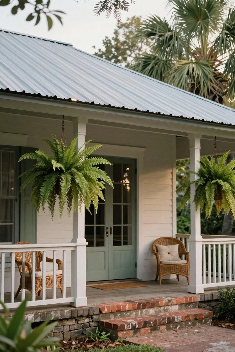 White clapboard house with blue-gray metal roof and wraparound porch featuring hanging green ferns from columns, wicker chairs, green double doors, and brick entry steps surrounded by palms and plants.