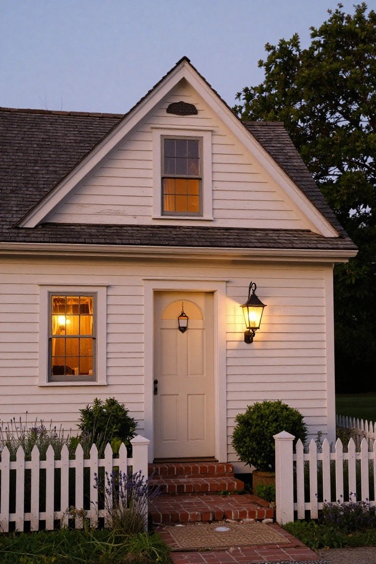 White clapboard house with gabled shingle roof, arched front door flanked by lanterns, lit windows, white picket fence, lavender plants, and boxwood shrubs at dusk.