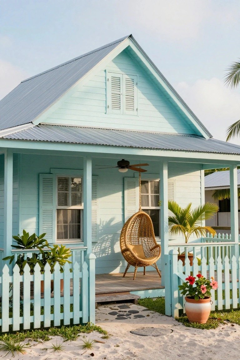 Light blue wooden house with corrugated metal roof, covered porch with hanging woven swing and ceiling fan, shuttered windows, potted plants, red flowers in clay pot, and turquoise picket fence on sandy ground near beach.