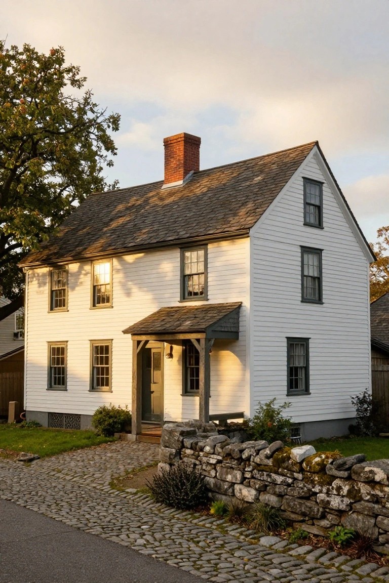 White clapboard two-story Colonial house with saltbox shingled roof, brick chimney, dark window frames, small front porch, stone wall, plants, and cobblestone path.