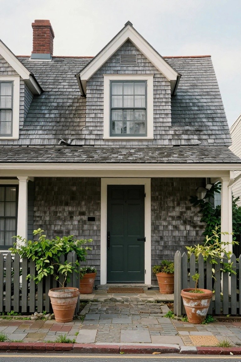 Gray cedar shingle siding on a gabled two-story house with white trim, covered porch, dark green front door, terracotta planters with plants, and gray picket fence on a stone path.