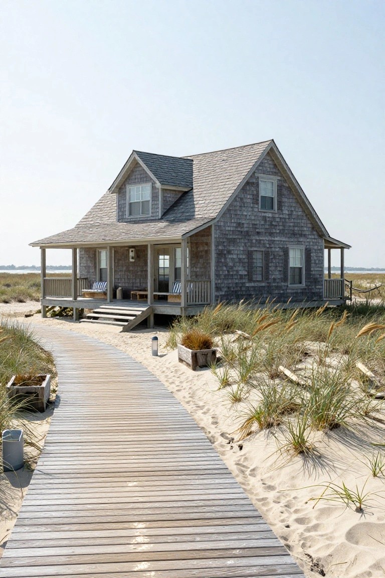Gray shingled house with gabled roof and wrap-around porch elevated on wooden pilings, approached by a long wooden boardwalk path through sand and sea grass dunes near water.