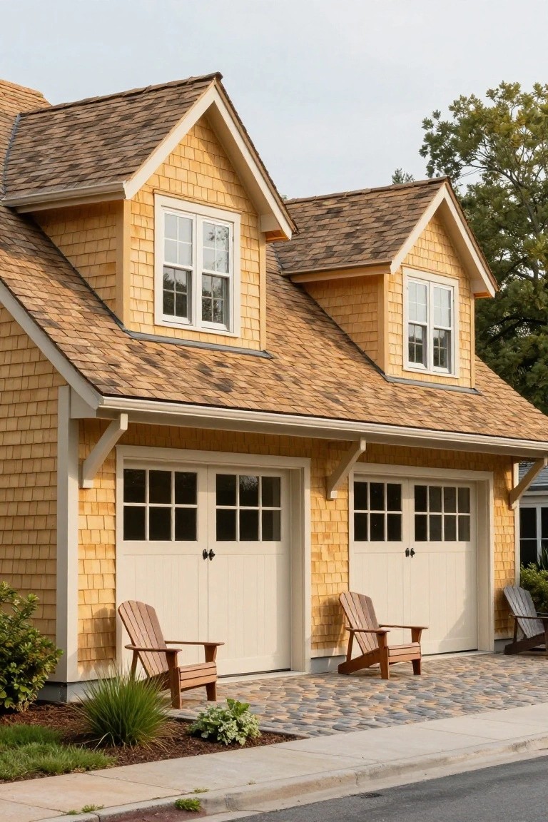 A two-car garage with warm cedar shingle siding, gabled roofs, white paneled doors, Adirondack chairs, low plants, and a pebble walkway along a street.
