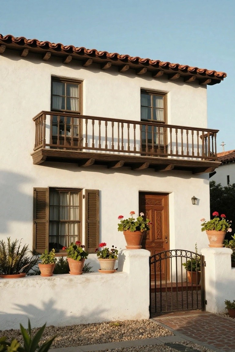 A two-story white stucco house with red tile roof, wooden balcony railing, carved wooden front door, potted red geraniums along the front wall and gate, and black wrought iron entry gate on a gravel path.