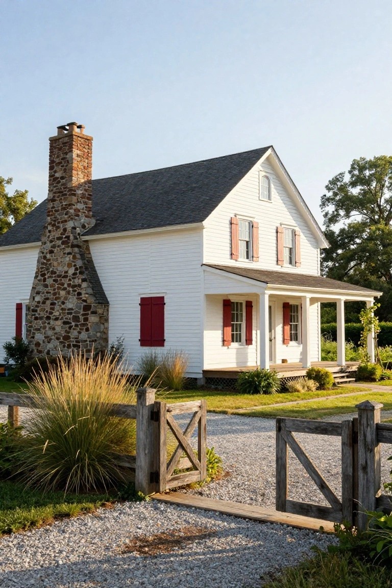 White clapboard colonial house with tall irregular stone chimney on the side, red shutters on windows, covered front porch, gravel driveway, wooden gate, and ornamental grasses in the yard.