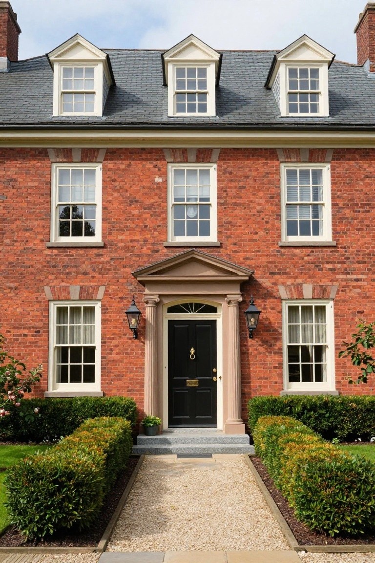 Red brick house with symmetrical multi-pane windows, slate roof with dormers, pedimented entry featuring black door and lanterns, boxwood hedges lining gravel path to front steps.