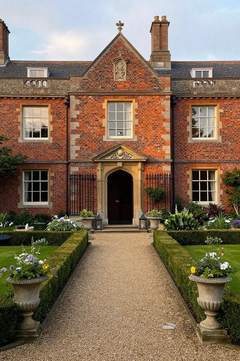 Symmetrical two-story red brick house with central arched stone entrance, flanked by sash windows, formal hedges, flower urns, and a gravel pathway leading to the front door.