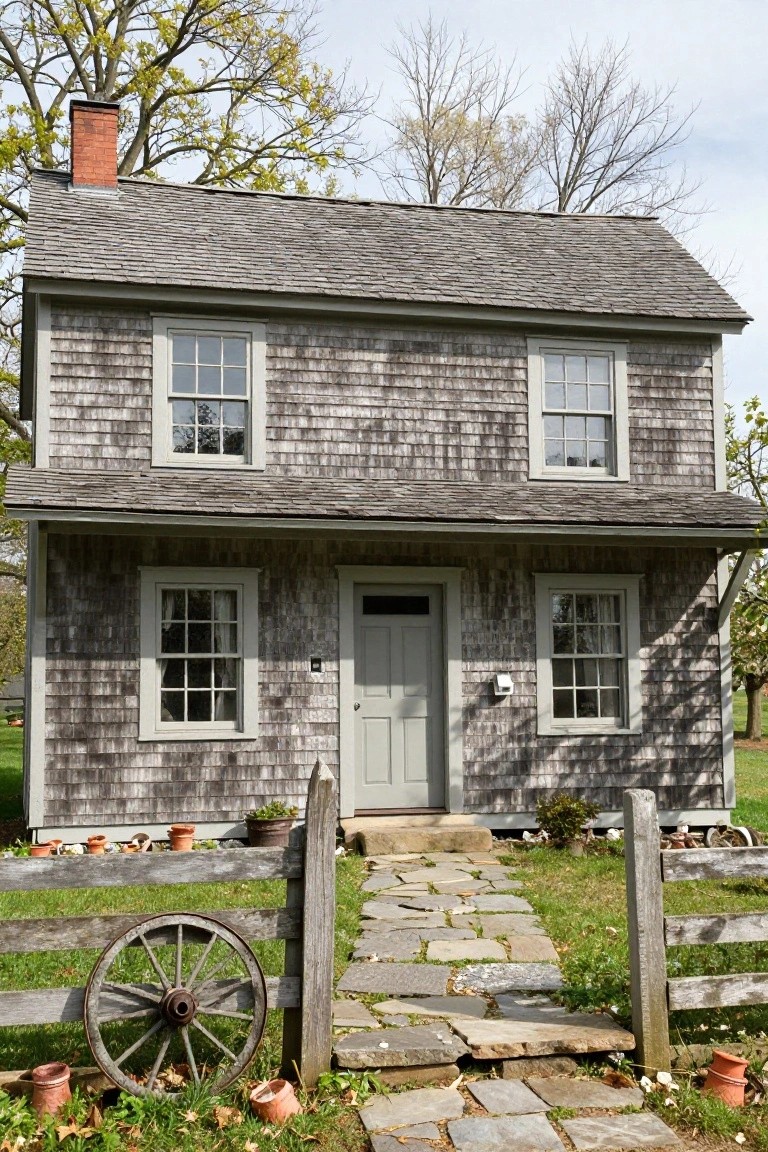 Gray shingled two-story colonial house with green window trim, covered front porch, stone walkway, wooden split-rail fence, and large wagon wheel in the front yard surrounded by potted plants.