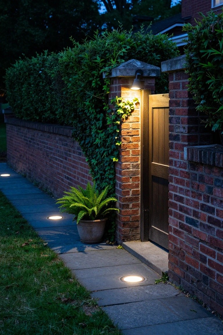 Wooden gate set in a brick wall covered in ivy and flanked by hedges, lit by a wall-mounted lamp on the pillar and recessed lights along a stone path beside a potted fern plant.