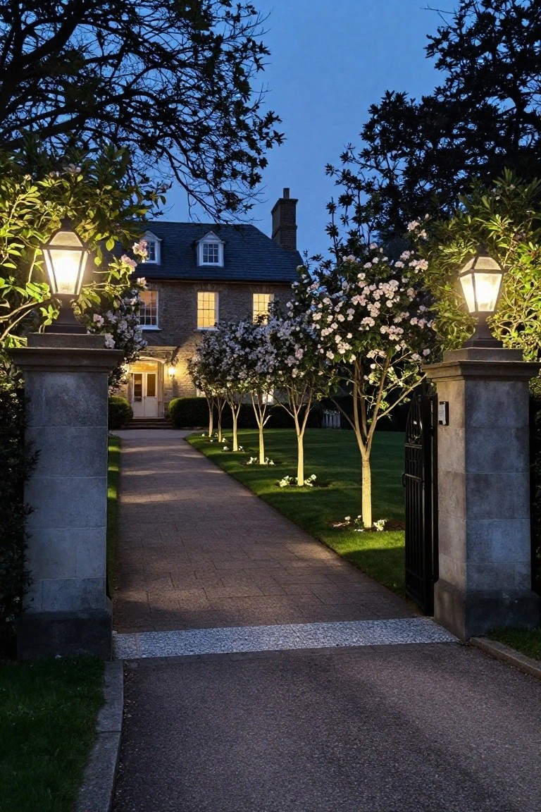 Stone pillars with lanterns flank a driveway at dusk leading to a colonial house entrance, with flowering trees uplighted along the path and grass borders.