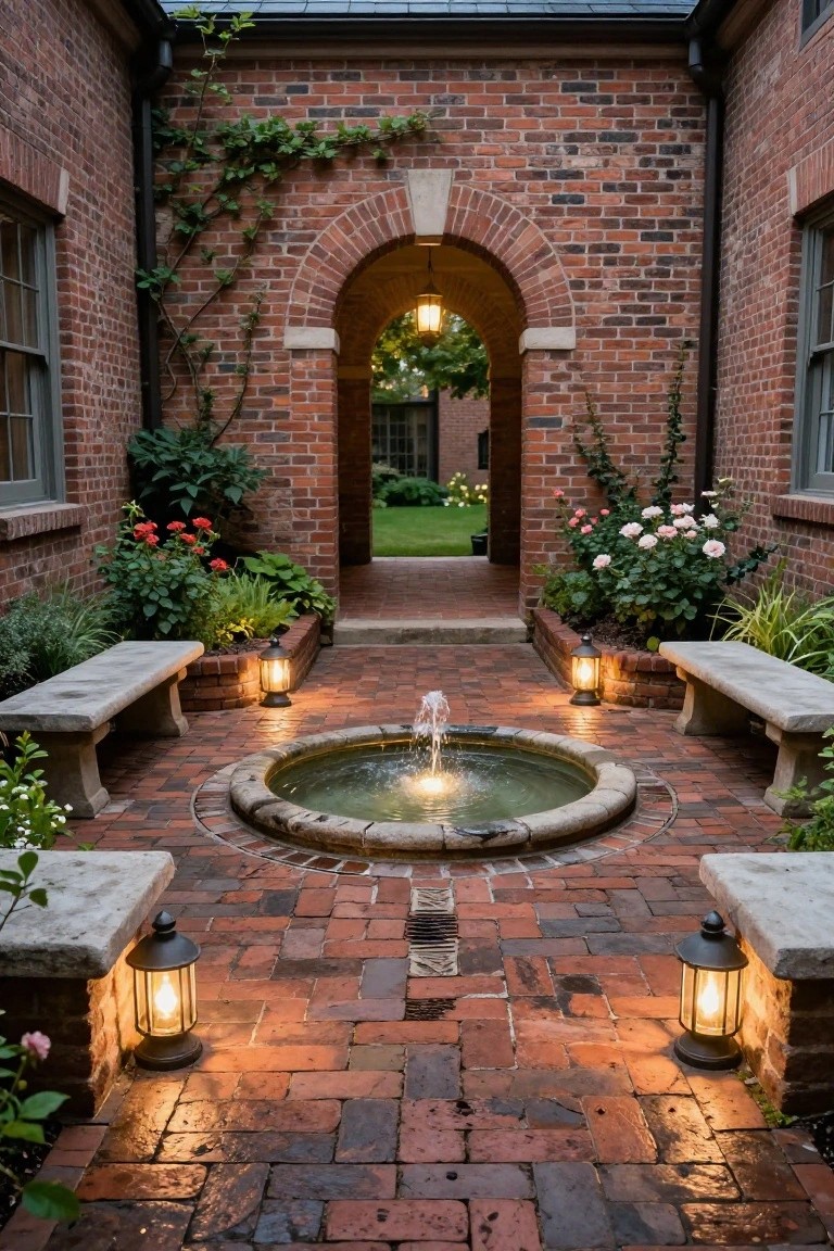 Brick courtyard with central circular stone fountain spouting water, flanked by stone benches, illuminated by several metal lanterns, surrounded by plants, roses, and ivy on brick walls with an arched entryway to a garden at dusk.