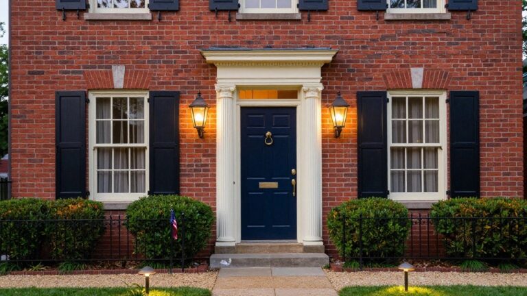 Red brick colonial house at dusk with black shutters, navy blue front door under white portico flanked by black lanterns, lit windows, American flag on roof, boxwood shrubs, black iron fences, pebble walkway with stake lights, and lawn.