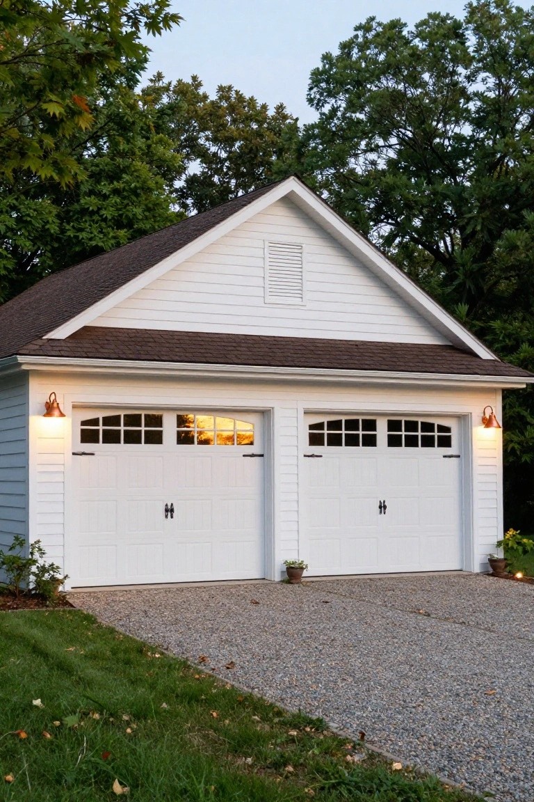White two-car garage with brown shingle roof, arched windows in doors, copper wall lanterns lit on sides, gravel driveway, plants nearby, and trees in background.
