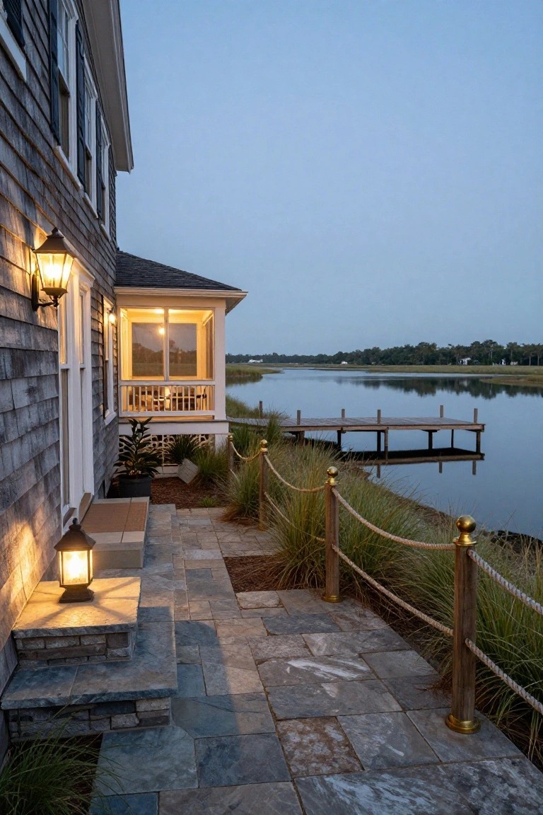 Side exterior of a shingled colonial-style house at dusk with a screened porch overlooking a wooden dock on calm water, lit by wall-mounted lanterns near the door, a pedestal lantern on stone steps, and rope railings along a flagstone path through marsh grasses.