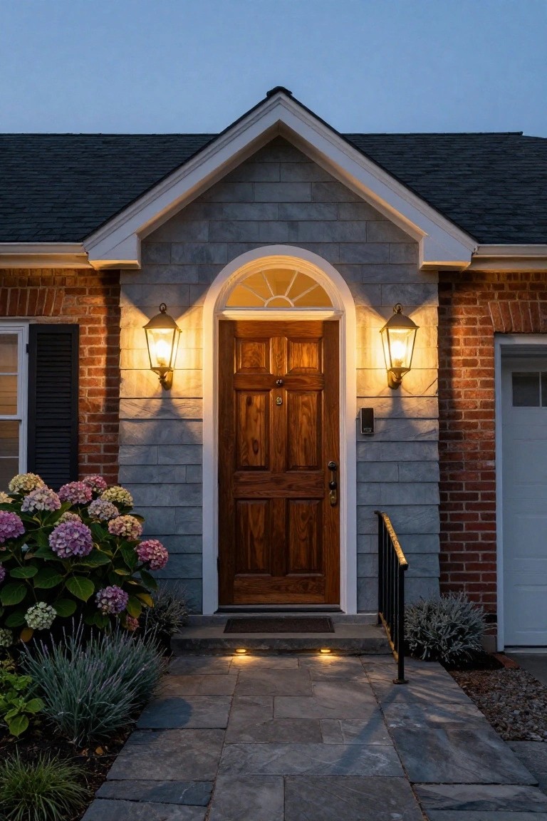 Colonial house facade at dusk featuring a dark wood front door with fanlight window, flanked by two lit black metal lantern wall sconces on gray shingle siding with brick accents, hydrangea plants nearby, stone pathway, and open garage door.