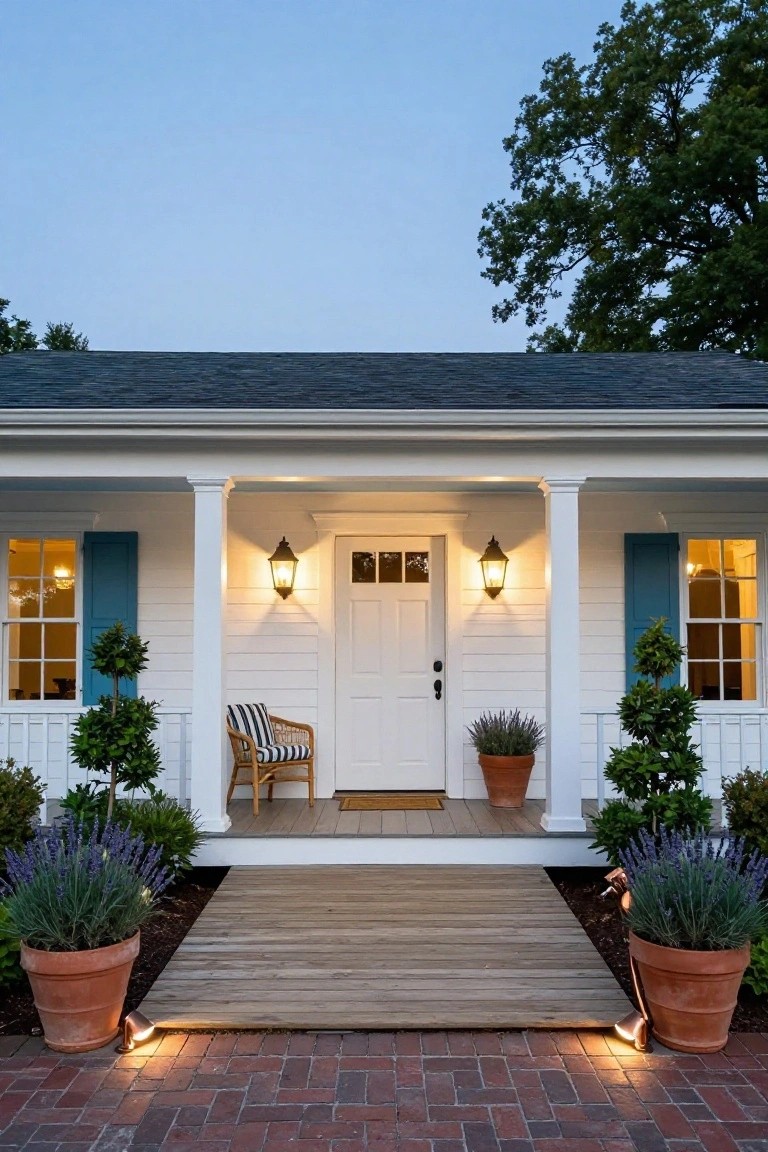 White clapboard colonial house with blue shutters, a centered front door, porch columns, and potted plants at dusk, lit by matching wall-mounted lanterns beside the door and low path lights along a brick walkway to a wooden porch.
