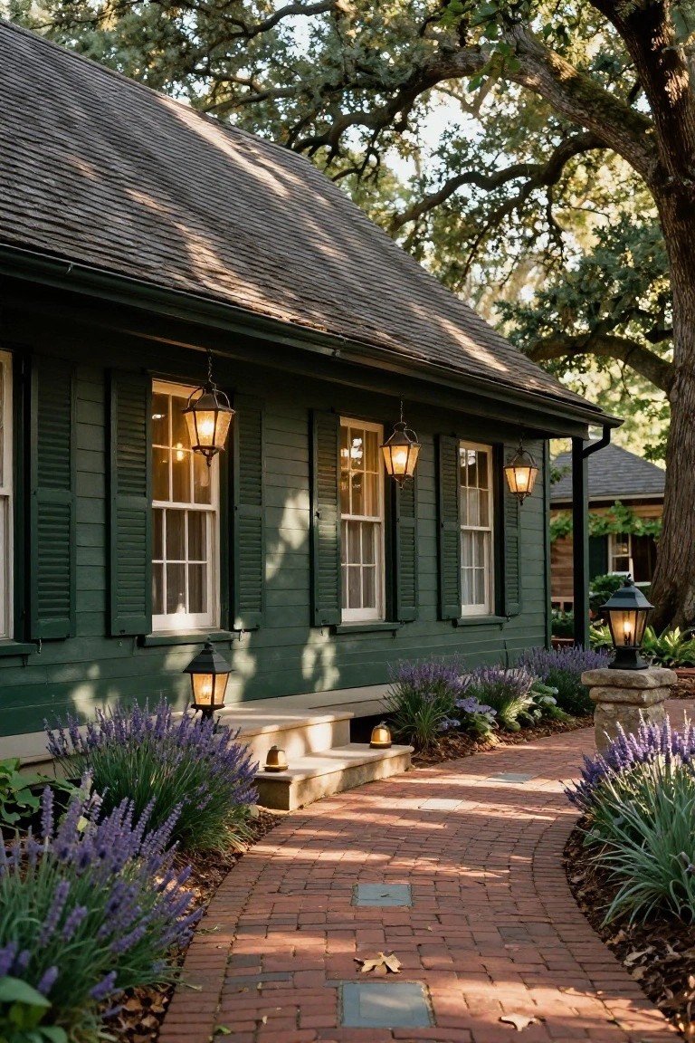 Green clapboard house with dark shutters and multiple wall-mounted black lantern lights illuminating the facade, brick pathway edged with lavender plants leading to front steps under oak trees.