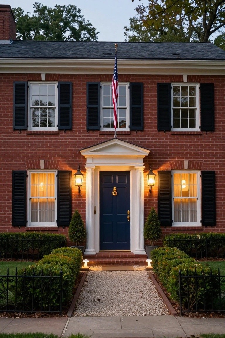 Red brick colonial house at dusk with black shutters, navy blue front door under white portico flanked by black lanterns, lit windows, American flag on roof, boxwood shrubs, black iron fences, pebble walkway with stake lights, and lawn.