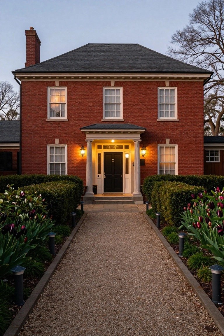 Red brick colonial house with a centered black front door under a white porch supported by columns, flanked by illuminated wall lanterns, boxwood hedges, tulip flowers, and gravel pathway lights at dusk.