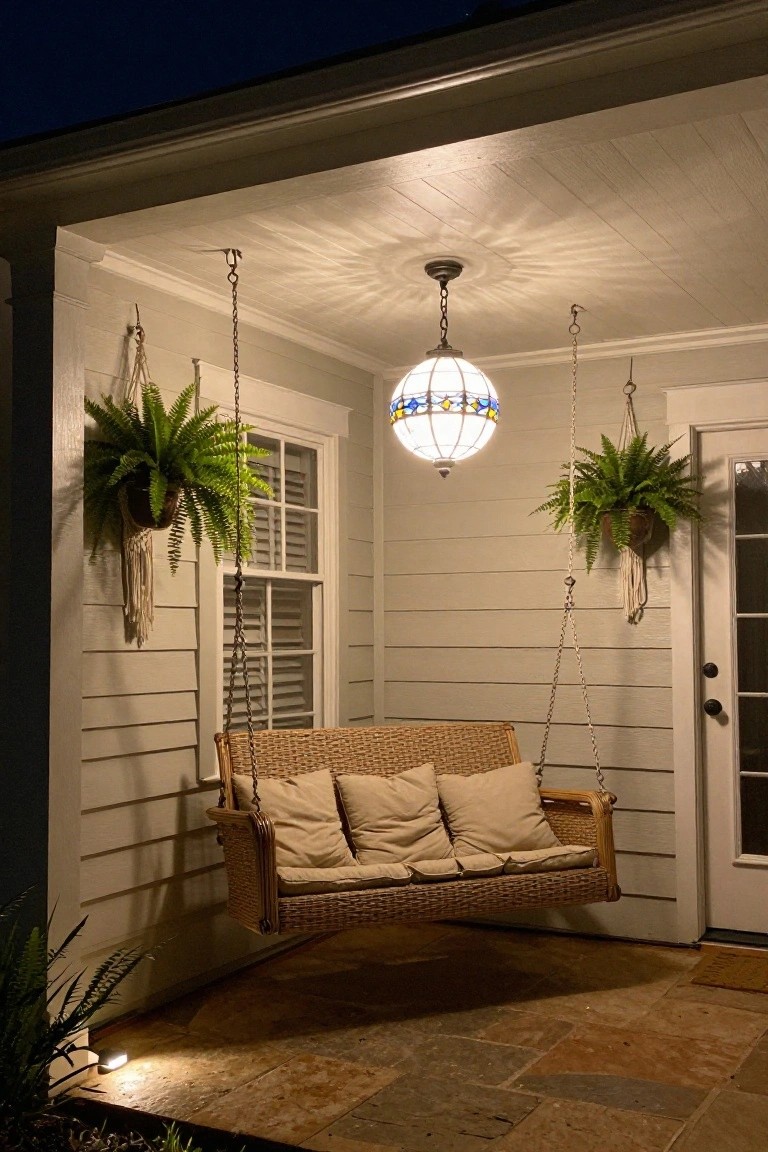 Covered porch at night with a wicker swing hanging from chains under a white and blue stained-glass lantern, flanked by hanging ferns on light gray siding walls near a door and shuttered window.