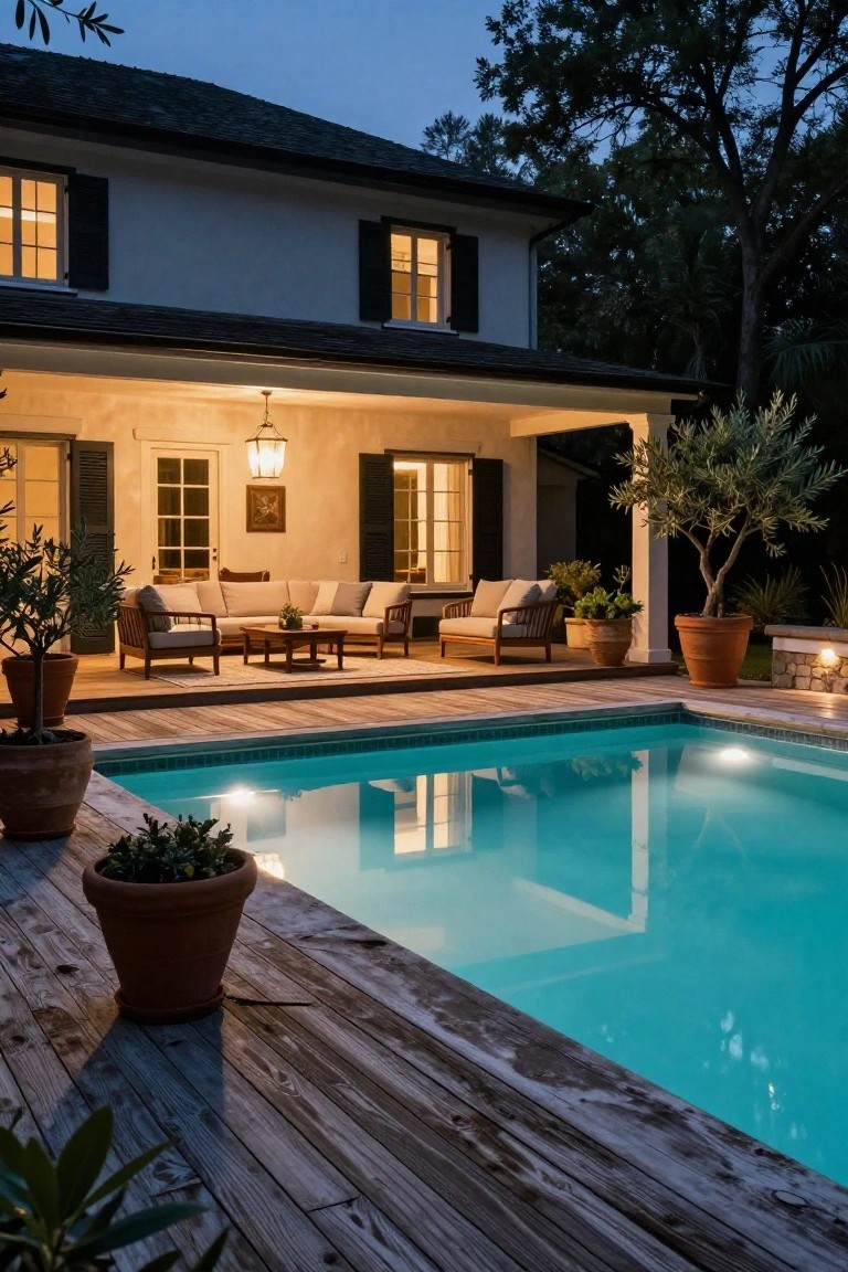 White stucco house with dark shutters and roof at dusk, featuring a lit infinity-edge pool, wooden deck with outdoor sofa seating under a hanging lantern, potted olive trees, and landscape lights.