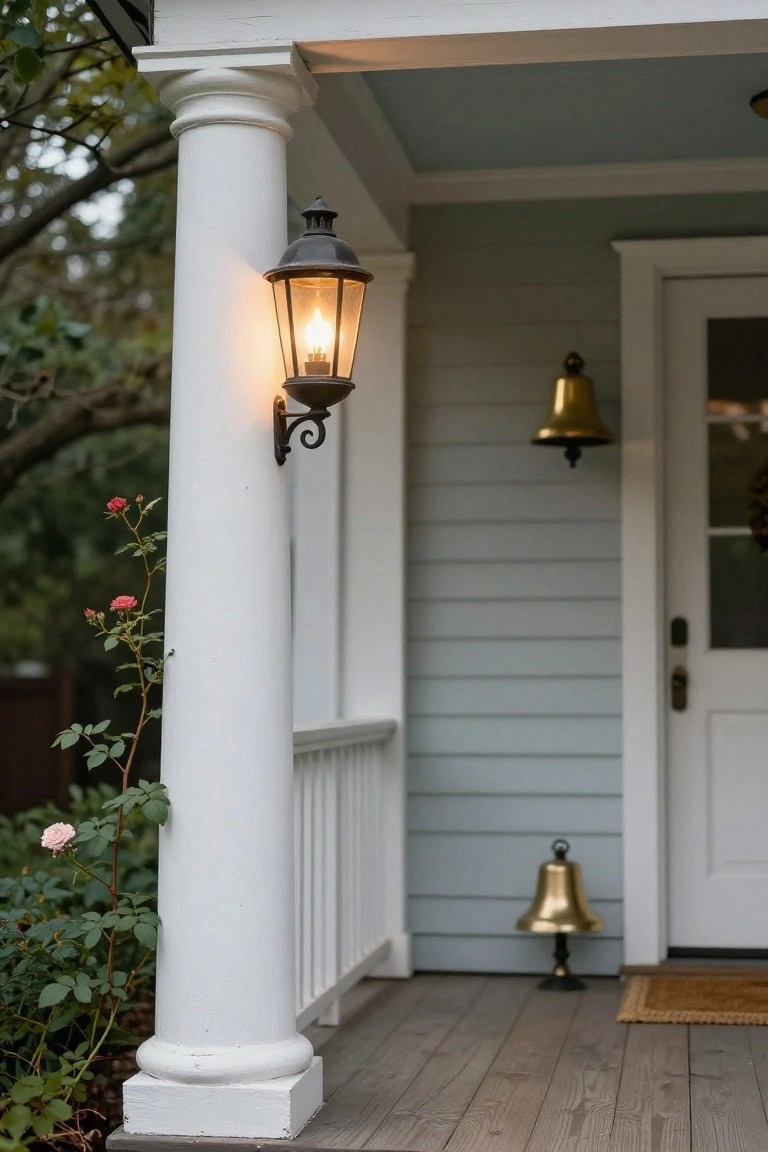 Colonial-style house porch featuring a white fluted column with a black metal lantern light mounted on it, pink rose vine climbing the column, blue-gray clapboard siding, white front door, brass bell light on the wall, and wooden porch floor.