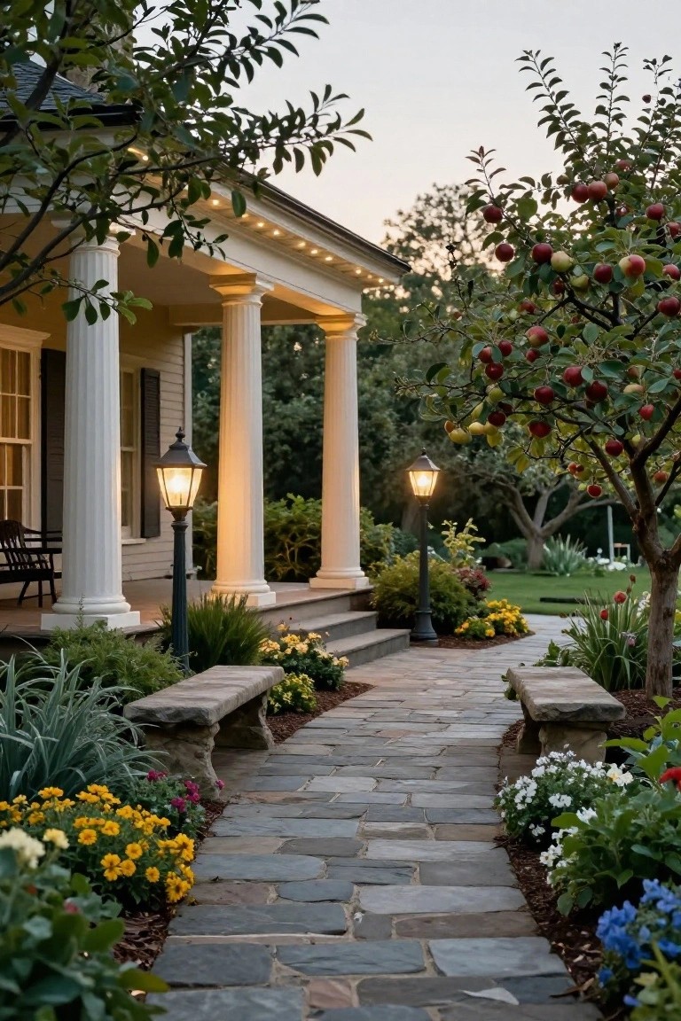 Colonial house exterior with white columns on a porch, black post lanterns lit at dusk, stone pathway lined with flowers and benches, apple trees nearby.