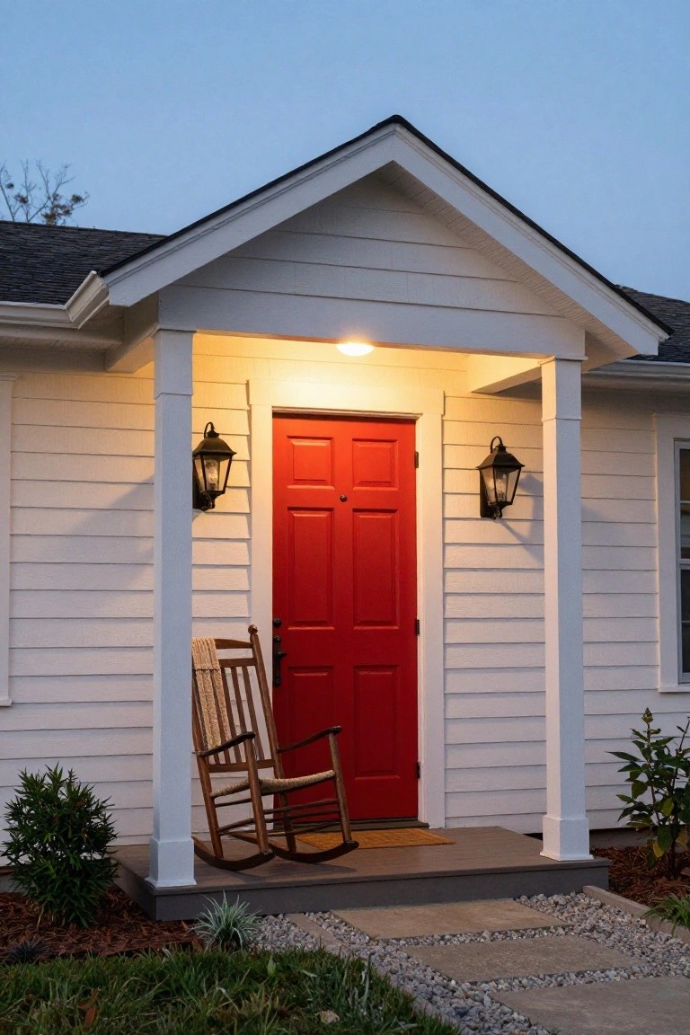 White clapboard house with gabled porch entry, red paneled front door flanked by black lanterns, wooden rocking chair on porch, and low plants with gravel path at base.