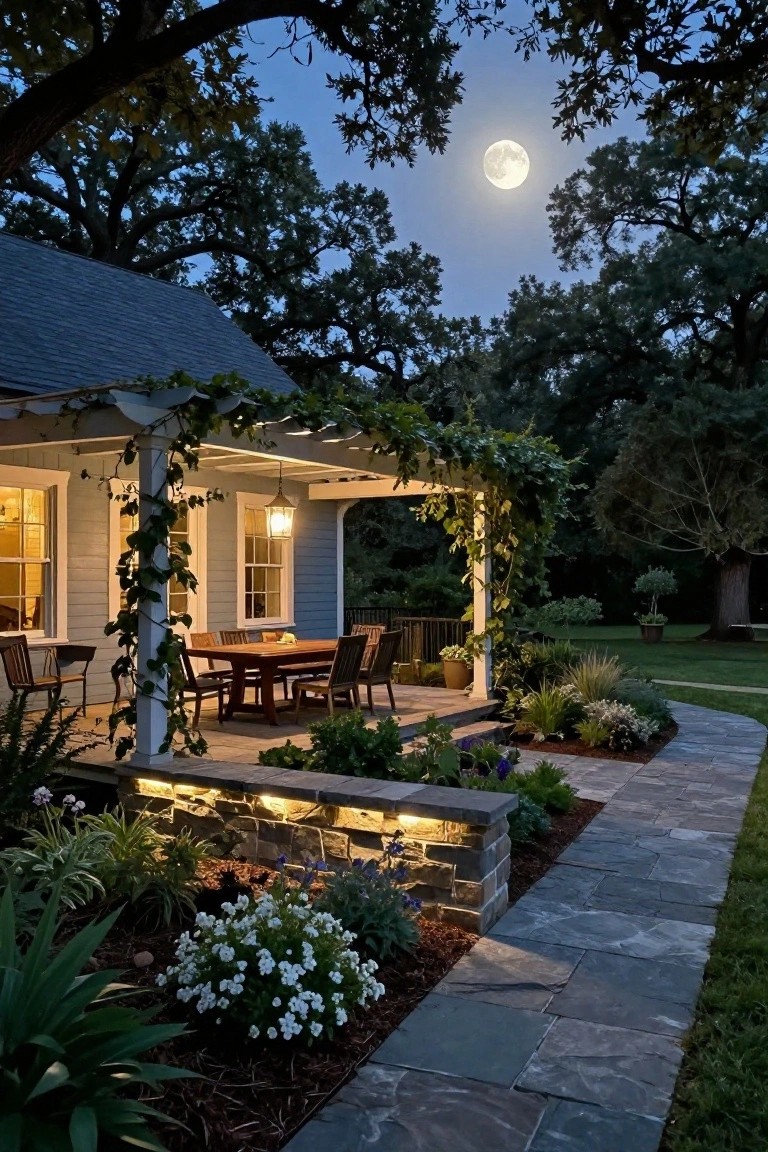 A colonial-style house porch with wooden dining table and chairs under a vine-covered pergola at night, illuminated by a hanging lantern and low LED lights along a stone retaining wall with plants, leading to a flagstone path under a full moon.