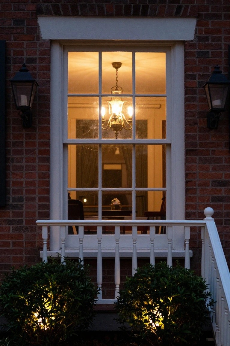 Nighttime view of brick house exterior with large lit window showing chandelier and dining table inside, black wall lanterns on sides, white balcony railing below window, and uplighted green shrubs at base.